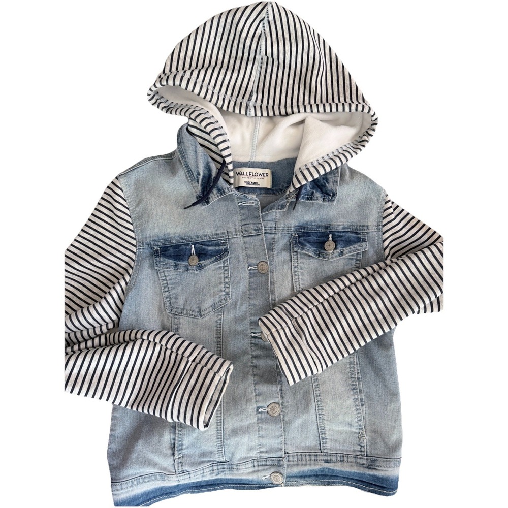 Wslflower‎ Hooded Jean Jacket Womens L Blue White Striped Denim Casual